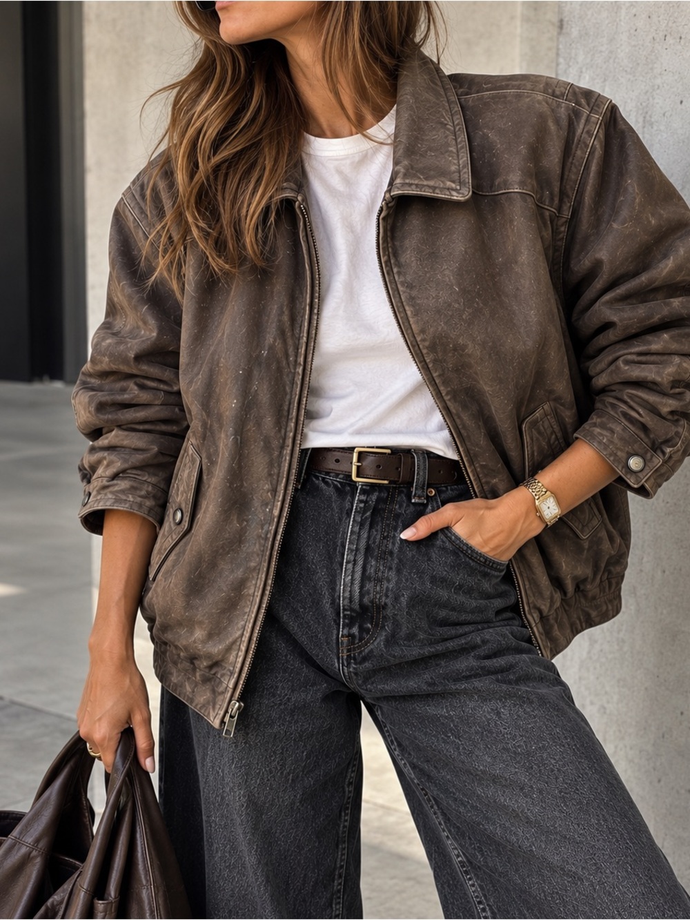 London Fog Brown Leather Jacket XL Distressed Vintage Bomber